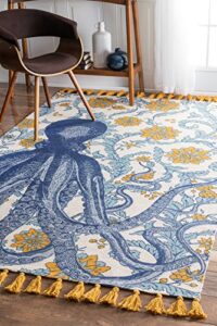 nuloom thomas paul printed flatweave cotton giant octopus area rug, 7′ 6″ x 9′ 6″, multi