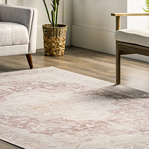 nuLOOM Rosa Machine Washable Distressed Vintage Medallion Area Rug, 9' x 12', Light Pink