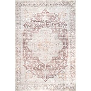 nuLOOM Rosa Machine Washable Distressed Vintage Medallion Area Rug, 9' x 12', Light Pink