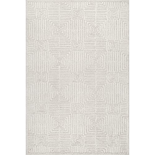 nuLOOM Joanna Hand Hooked Wool Tiled High Low Textured Area Rug, 8' x 10', Ivory