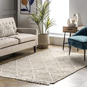 nuloom brooklyn textured trellis wool fringe area rug, 9′ x 12′, beige