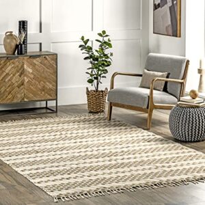 nuloom emma jute-blend flatweave striped tassel area rug, 5′ x 8′, natural