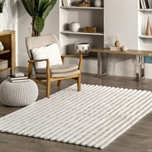 nuloom kai stripe faux rabbit machine washable area rug, 3′ 9″ x 6′, white