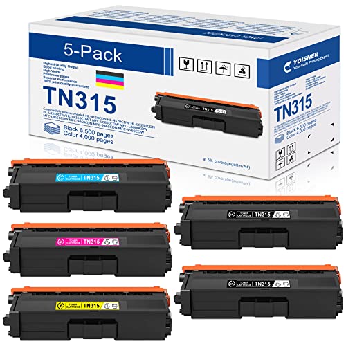 TN315 Toner Cartridge: 5-Pack High Yield 2TN315BK, TN315C, TN315M, TN315Y Replacement for Brother HL-4140CW HL-4570CDW HL-4570CDWT MFC-9560CDW MFC-9970CDW Printer