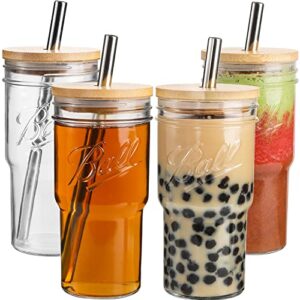 4pack glass tumbler cups with bamboo lids and straws, 22oz iced coffee cups-reusable mason jar drinking glasses for bubble tea, beer, smoothie