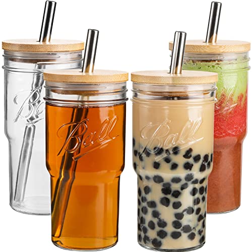 4Pack Glass Tumbler Cups with Bamboo Lids and Straws, 22oz Iced Coffee Cups-Reusable Mason Jar Drinking Glasses for Bubble Tea, Beer, Smoothie