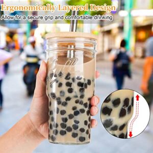 4Pack Glass Tumbler Cups with Bamboo Lids and Straws, 22oz Iced Coffee Cups-Reusable Mason Jar Drinking Glasses for Bubble Tea, Beer, Smoothie