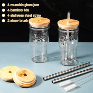 4Pack Glass Tumbler Cups with Bamboo Lids and Straws, 22oz Iced Coffee Cups-Reusable Mason Jar Drinking Glasses for Bubble Tea, Beer, Smoothie