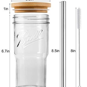 4Pack Glass Tumbler Cups with Bamboo Lids and Straws, 22oz Iced Coffee Cups-Reusable Mason Jar Drinking Glasses for Bubble Tea, Beer, Smoothie