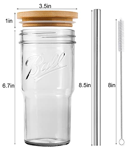 4Pack Glass Tumbler Cups with Bamboo Lids and Straws, 22oz Iced Coffee Cups-Reusable Mason Jar Drinking Glasses for Bubble Tea, Beer, Smoothie