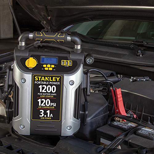 STANLEY J5C09D Digital Portable Power Station Jump Starter: 1200 Peak/600 Instant Amps, 120 PSI Air Compressor, 3.1A USB Ports, Battery Clamps