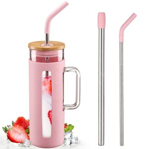 kodrine tumbler with lid and straw, 20 oz glass coffee tumbler with handle, smoothie cup with bamboo lid | time marker | silicone protective sleeve, bpa free -pink