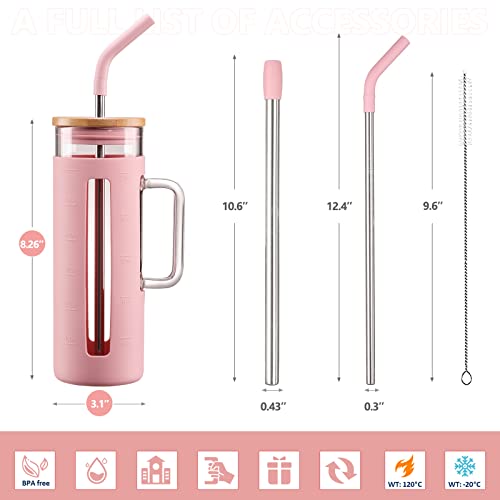Kodrine Tumbler with Lid and Straw, 20 oz Glass Coffee Tumbler with Handle, Smoothie Cup with Bamboo Lid | Time Marker | Silicone Protective Sleeve, BPA Free -Pink