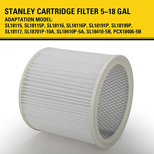 Stanley 08-2501 Cartridge Filter, Fit for Most 5 -18 Gallon Wet/Dry Vacuum Cleaners, Compatible with SL18115, SL18115P, SL18116, SL18116P, SL18191P, SL18199P, SL18117, SL18701P-10A, SL18410P-5A