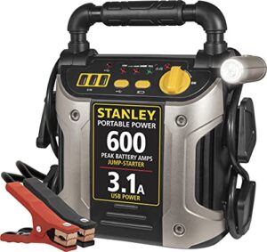 stanley j309 portable power station jump starter: 600 peak amp battery booster, 3.1a usb ports, battery clamps