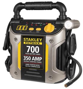 stanley fatmax j7cs portable power station jump starter: 700 peak/350 instant amps, 120 psi air compressor, 3.1a usb ports, battery clamps
