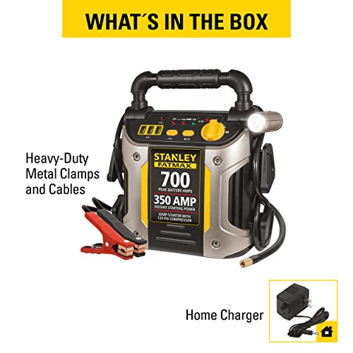 STANLEY FATMAX J7CS Portable Power Station Jump Starter: 700 Peak/350 Instant Amps, 120 PSI Air Compressor, 3.1A USB Ports, Battery Clamps