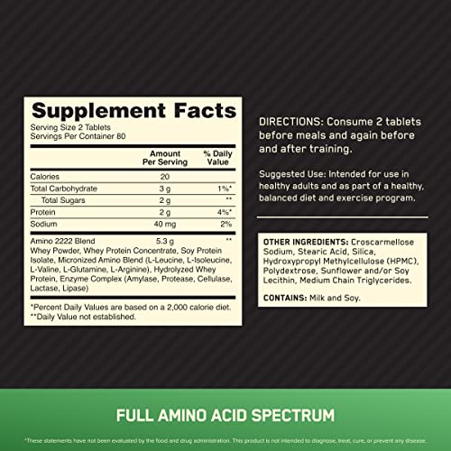 Optimum Nutrition Superior Amino 2222 Tablets, Complete Essential Amino Acids, EAAs, 160 Count (Packaging may vary)