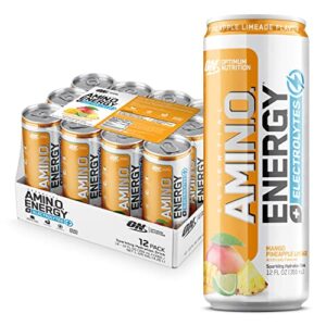 optimum nutrition amino energy drink + electrolytes for hydration – sugar free, amino acids, bcaa,keto friendly, sparkling drink-mango pineapple limeade, 12 fl oz (pack of 12) (packaging may vary)