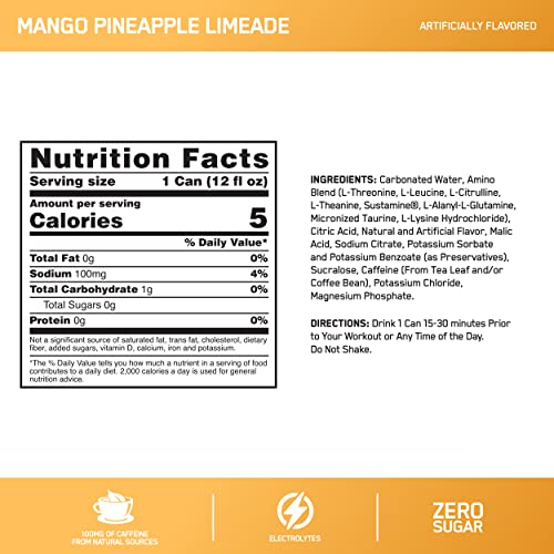 Optimum Nutrition Amino Energy Drink + Electrolytes for Hydration - Sugar Free, Amino Acids, BCAA,Keto Friendly, Sparkling Drink-Mango Pineapple Limeade, 12 Fl Oz (Pack of 12) (Packaging May Vary)