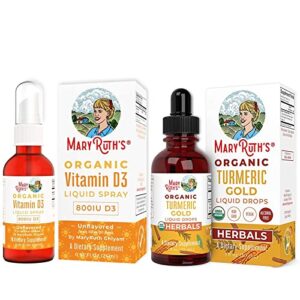 vitamin d3 liquid spray & turmeric gold liquid drops bundle by maryruth’s | plant-based from lichen organic non-gmo | liquid herbal blend for immune & digestive support