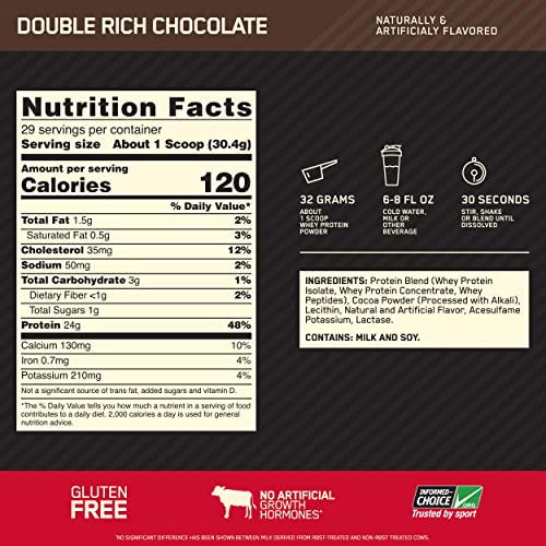 Optimum Nutrition Gold Standard 100% Whey Protein Powder, Double Rich Chocolate 2 Pound (Packaging May Vary)