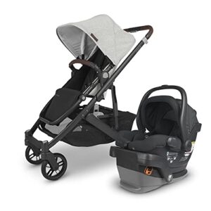 cruz v2 stroller – anthony (white and grey chenille/carbon/chestnut leather) + mesa v2 infant car seat – jake (charcoal)