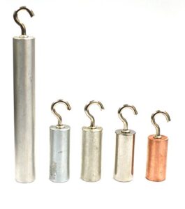 specific heat cylinders, set of 4 metals with removable hooks and element stamp, varied lengths and 0.5″ diameter – aluminum, copper, stainless steel, tin, zinc – for use with density, specific gravity, specific heat activities – eisco labs