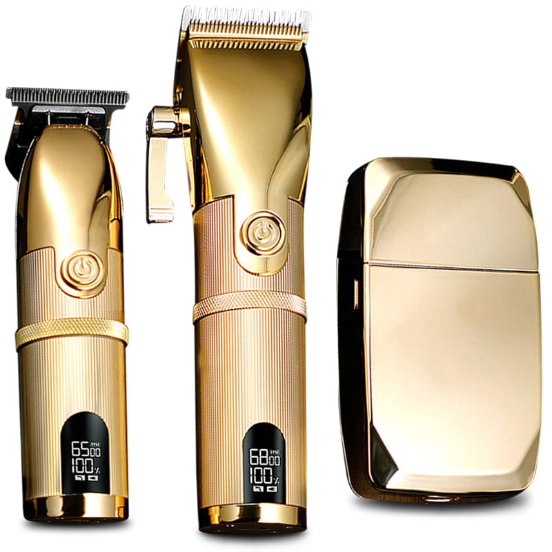 BR Barbers Hair Clippers Gold for Men Full Metal Cordless Close Cutting T-Blade Trimmer with LED Display Professional Barbershop Barber Clipper Set Shaver Trimmer Razor Kit