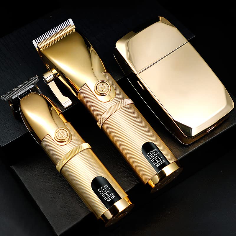 BR Barbers Hair Clippers Gold for Men Full Metal Cordless Close Cutting T-Blade Trimmer with LED Display Professional Barbershop Barber Clipper Set Shaver Trimmer Razor Kit