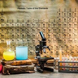 Leyiyi 7x5ft Vintage Chemistry Lab Backdrop Rustic Wooden Cottage Rural Studio Chemist Microscope Retro Periodic Elements Table Photo Background Cowboy Kids Birthday Portrait Studio Prop Vinyl Banner