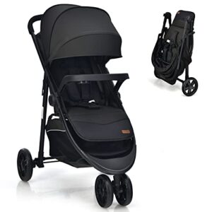 baby joy jogging stroller, jogger travel system with 5-point safety harness, adjustable canopy/backrest/footrest, storage basket & pocket, lightweight baby stroller for newborn toddlers (black)