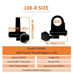 E-Bike Thumb Throttle，108X Right Thumb Throttle Speed Control 3 Pin SM Connector 12V 24V 36V 48V 72V for Electric Scooters and EBike (108X-R SM Plug)