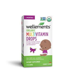 wellements organic multivitamin drops, 1 fl oz, baby liquid vitamin supplement for infants & toddlers, provides daily dose of vitamins a,b,c,d & e.* no artificial colors or unnecessary preservatives.