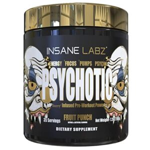 Insane Labz Psychotic Gold, High Stimulant Pre Workout Powder, Extreme Lasting Energy, Focus, Pumps and Endurance with Beta Alanine, DMAE Bitartrate, Citrulline, NO Booster, 35 Srvgs