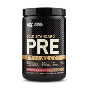 optimum nutrition gold standard pre workout advanced, with creatine, beta-alanine, micronized l-citrulline and caffeine for energy, keto friendly, raspberry lime mojito, 20 servings