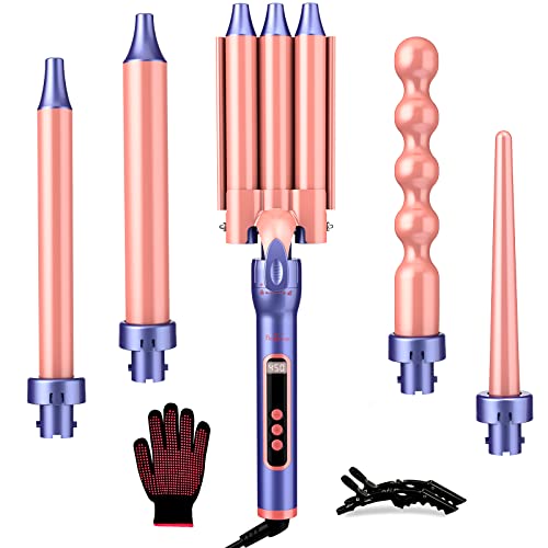 Brightup Curling Iron, 3 Barrel Hair Curler Hair Waver All in One Curling Wand with Interchangeable Ceramic Barrels and Heat Protective Glove, LCD Display, Instant Heating, Temperature Adjustment