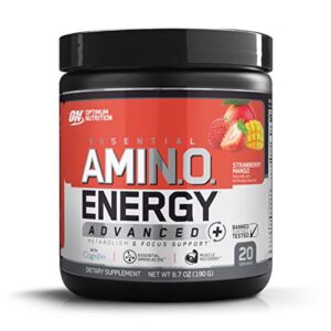 optimum nutrition essential amino energy advanced plus metabolism and focus support, strawberry mango, 20 servings, 6.7 ounce (pack of 1)