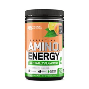 optimum nutrition amino energy naturally flavored powder, pre workout, bcaas, amino acids, keto friendly, green tea extract, energy powder – peach lemonade, 25 servings