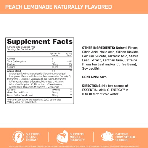 Optimum Nutrition Amino Energy Naturally Flavored Powder, Pre Workout, BCAAs, Amino Acids, Keto Friendly, Green Tea Extract, Energy Powder - Peach Lemonade, 25 Servings