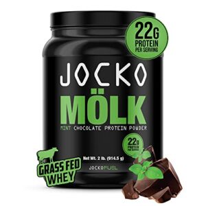 jocko mölk whey protein powder (mint chocolate) – keto, probiotics, grass fed, digestive enzymes, amino acids, sugar free monk fruit blend – supports muscle recovery and growth – 31 servings