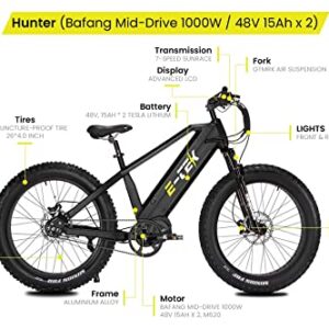 ETEK Hunter e Bikes for Adults Electric - 2X 48V 15Ah Panasonic Battery - BAFANG 1000W MID-Drive Motor Electric Bicycles for Men - CST 26" x4.0 Fat Tire Electric Bike | Shimano 7 Gears Mountain Bike