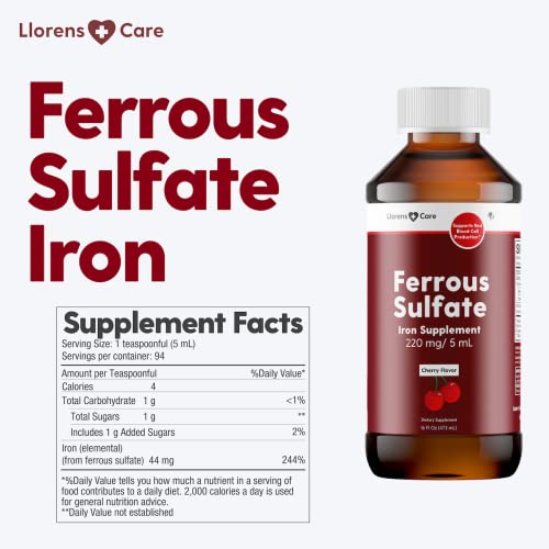 Ferrous Sulfate Liquid Iron Supplement for Adults by Llorens Care - 220 mg in 5 ml Iron Complex Supplement for Anemia and Iron Deficiency. Boost Energy Levels