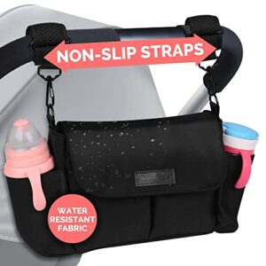 luxury little stroller organizer with cup holder and non-slip adjustable straps, large capacity stroller caddy, water-resistant, fits stroller like uppababy, nuna, britax, baby jogger, bob