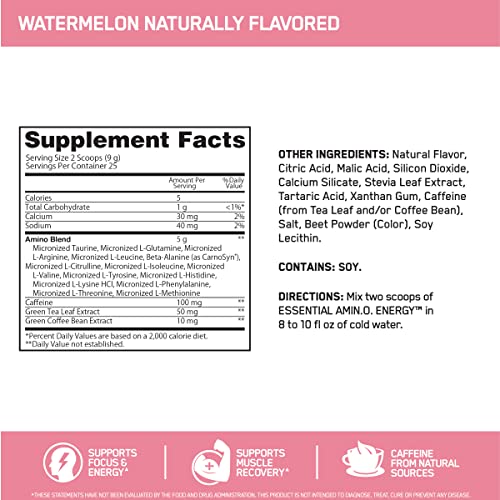 Optimum Nutrition Amino Energy Naturally Flavored Powder, Pre Workout, BCAAs, Amino Acids, Keto Friendly, Green Tea Extract, Energy Powder - Watermelon, 25 Servings