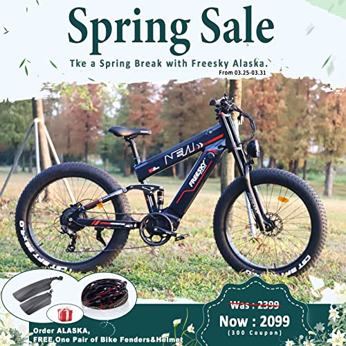 FREESKY Electric Bike for Adults, 1000W BAFANG Motor Dual Battery 26”Fat Tire Electric Bike, Full Suspension Dual Hydraulic Brakes E Mountain Bicycles 35mph 60-110 Miles Long Range Fast Electric Bikes