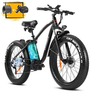 samebike 750w fat tire electric bike 26” electric mountain bike 48v 15ah battery with 3a fast charger, 28mph adult electric bicycles suspension fork, shimano 7 speed shifting for trail riding