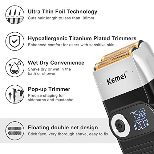 Kemei Foil Professional Electric Shaver for Men Razor with Bald Trimmer Cordless Shavers Rechargeble LED Display 2 in 1