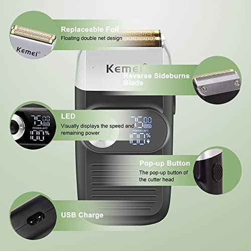 Kemei Foil Professional Electric Shaver for Men Razor with Bald Trimmer Cordless Shavers Rechargeble LED Display 2 in 1