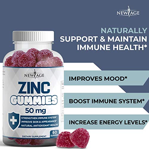 Zinc Gummies - 2 Pack - 50mg High Potency Immune Booster Zinc Supplement, Immune Defense, Powerful Natural Antioxidant, Non-GMO - by New Age, 120 Count